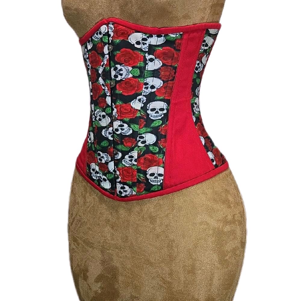 Red Cotton & Skulls Waist Training Corset – Gothic Waist Cincher, 26 waist goal, 13 Length waist cincher