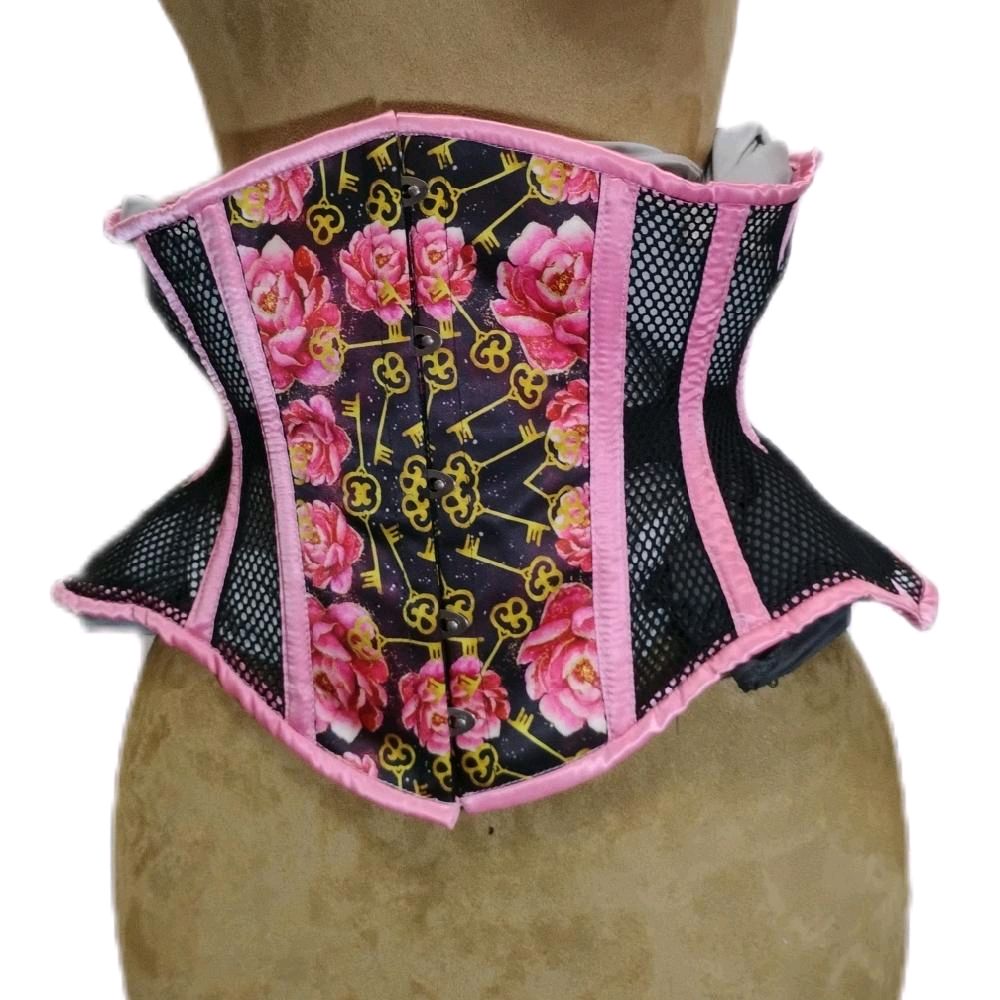 Pink Satin & Black Mesh Floral Roses Keys Corset – 30" Waist Goal | 12" Length |
