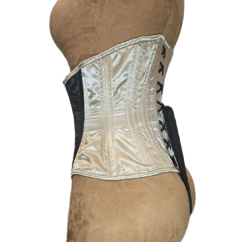 Beige Khaki Satin & Black Satin Waist Training Corset – 26-Inch Waist Goal, 12-Inch Length