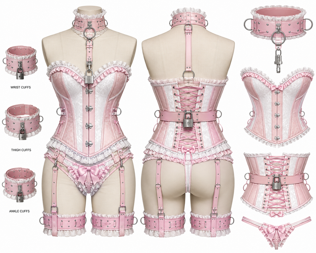 Custom sissy pink lace frill locking corset set feminine CM