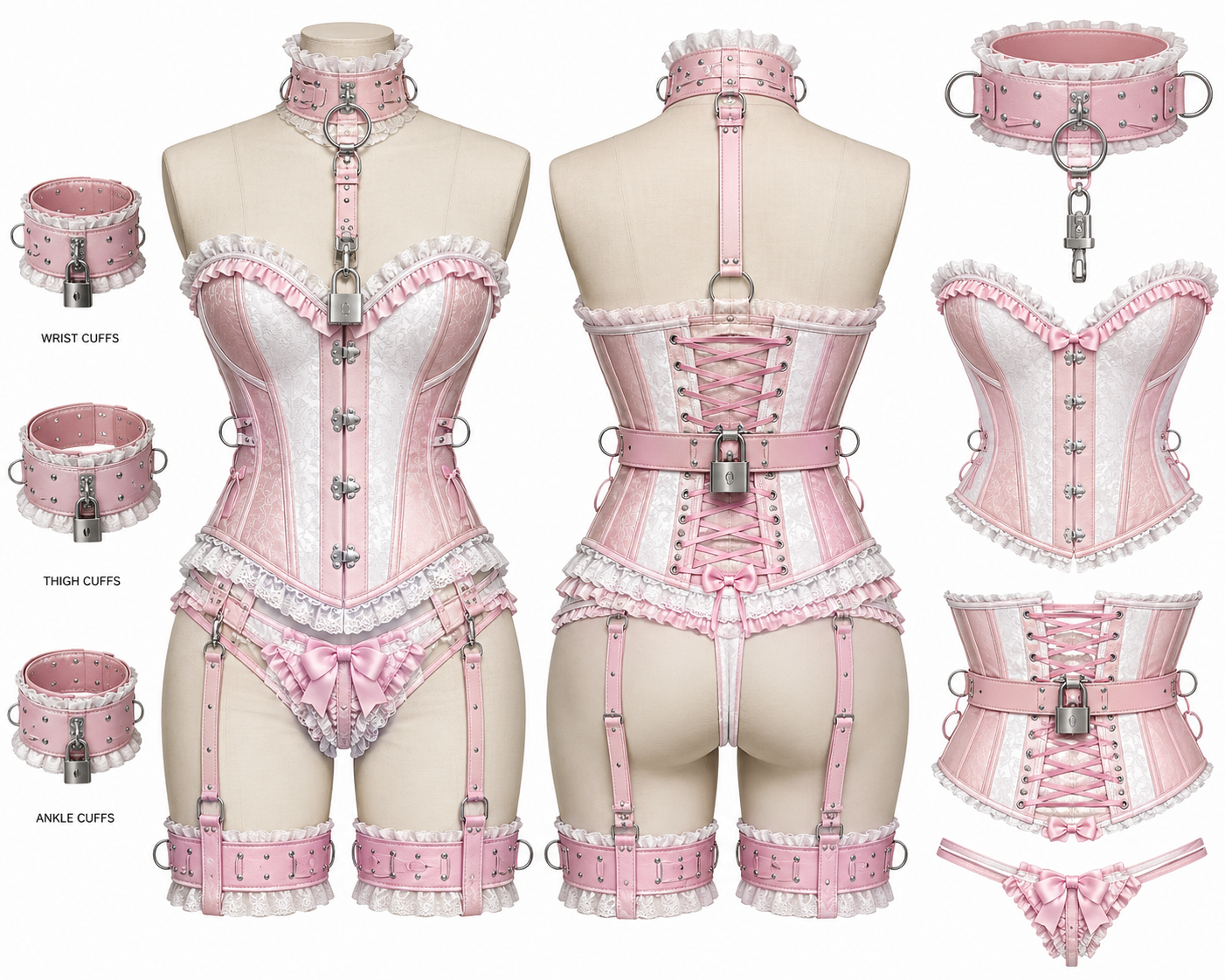 Custom sissy pink lace frill locking corset set feminine CM