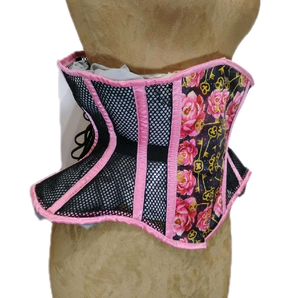Pink Satin & Black Mesh Floral Roses Keys Corset – 30" Waist Goal | 12" Length |