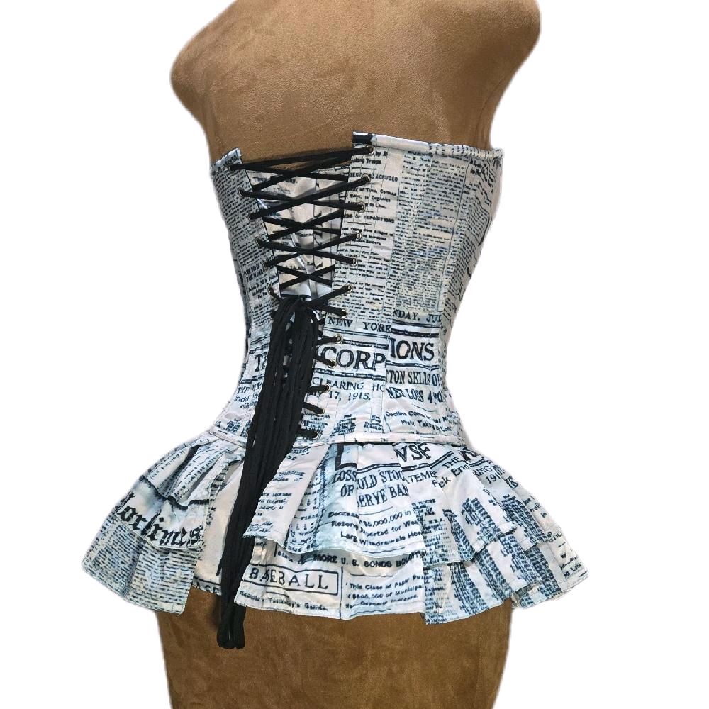 24-Inch Waist Goal | 12" Length Corset | Attached Skirt | Overbust | Newsprint Print