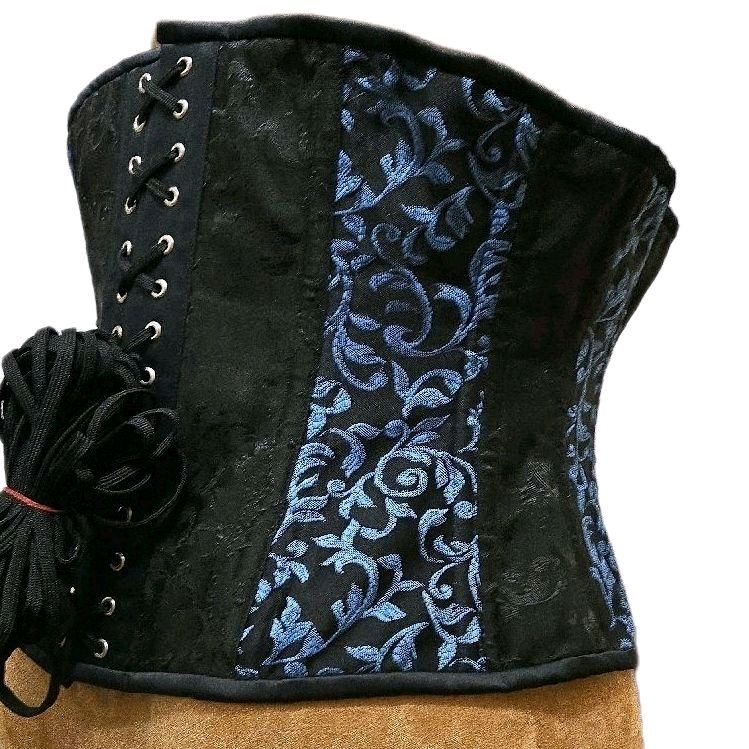 Light Blue & Black Brocade Zipper Corset – 36” Waist Goal, 13” Length |