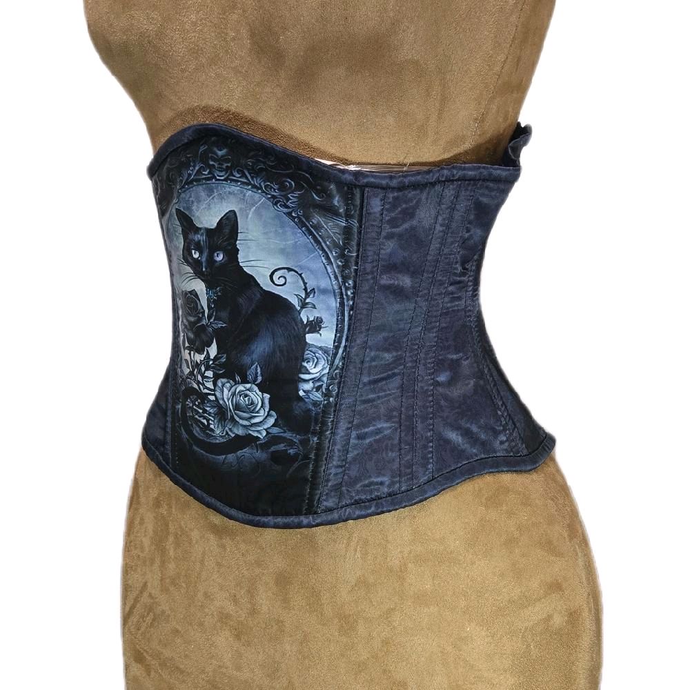 Gothic Black Kitty Cat & Dark Rose Vintage Corset – 26” Waist, 10” Length