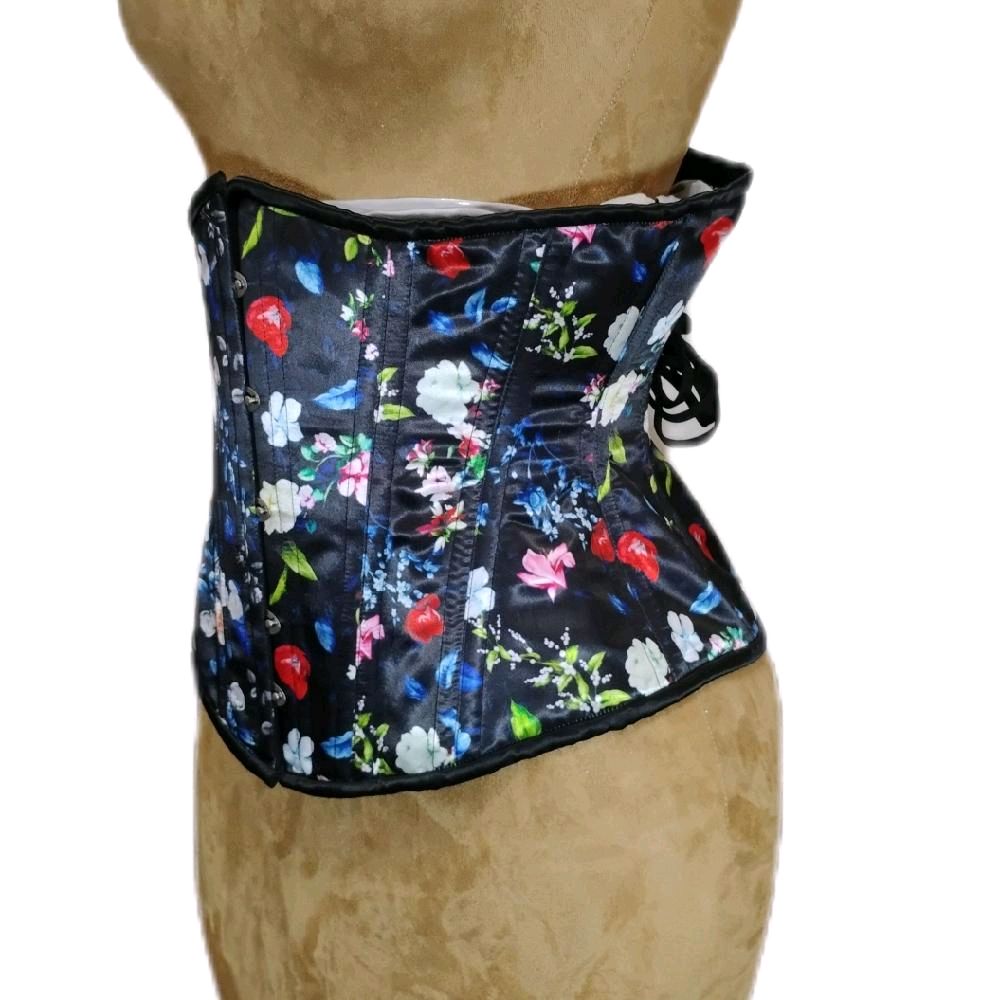 Black Floral Steel-Boned Waist Training Corset – 30” Waist Goal | 12” Length