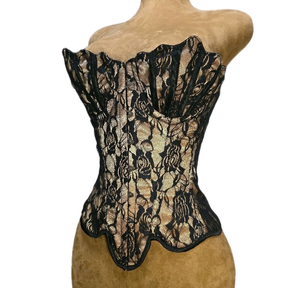 22" Waist Goal| 16" Length Overbust Beige Satin Lace Corset