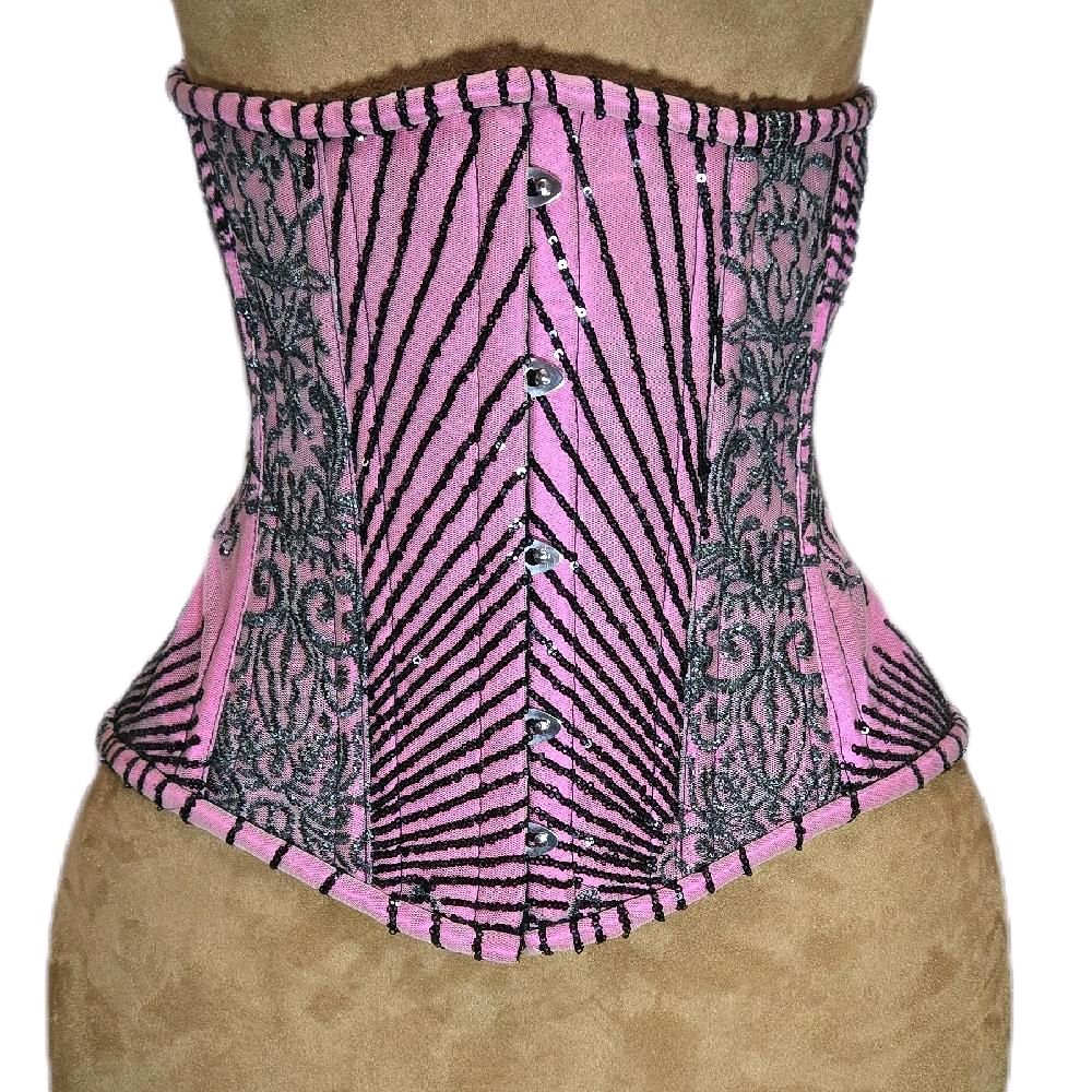 Pink with Black Sparkling Beading Corset | 26" Waist Goal | 12" Length | Formal Wear