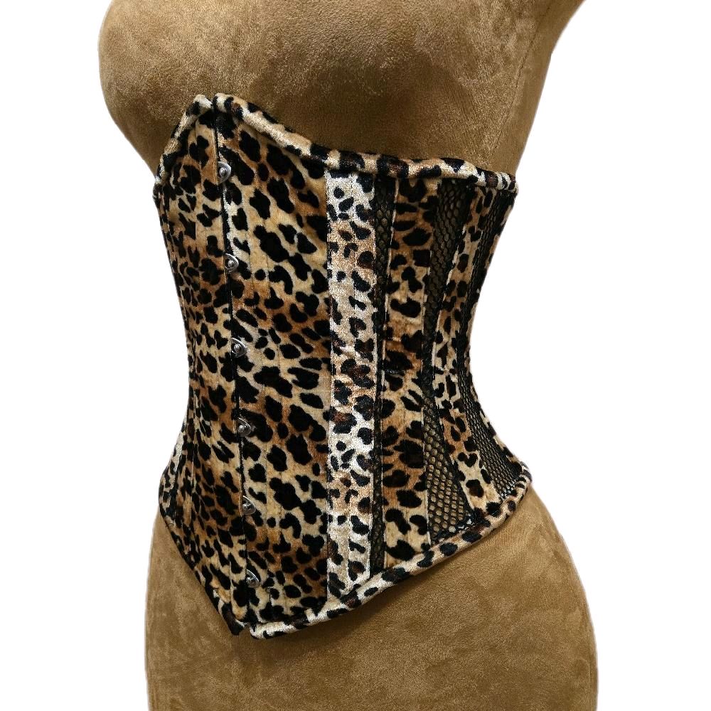 Velvet Leopard Print & Black Mesh Waist Training Corset – 24" Waist Goal,13.5 length