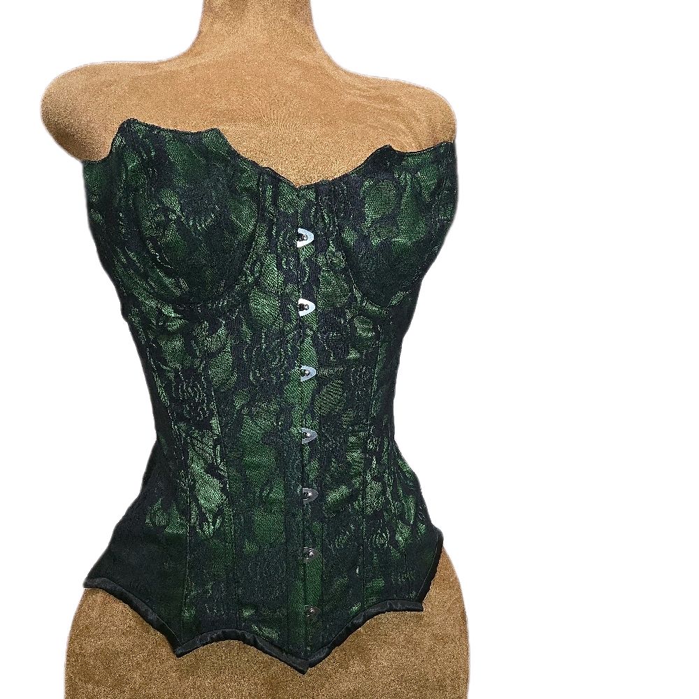 Overbust Mermaid Collection Corset – 20-Inch Waist Goal | 16” Center Length | Green Satin with Black Rose Lace Overlay