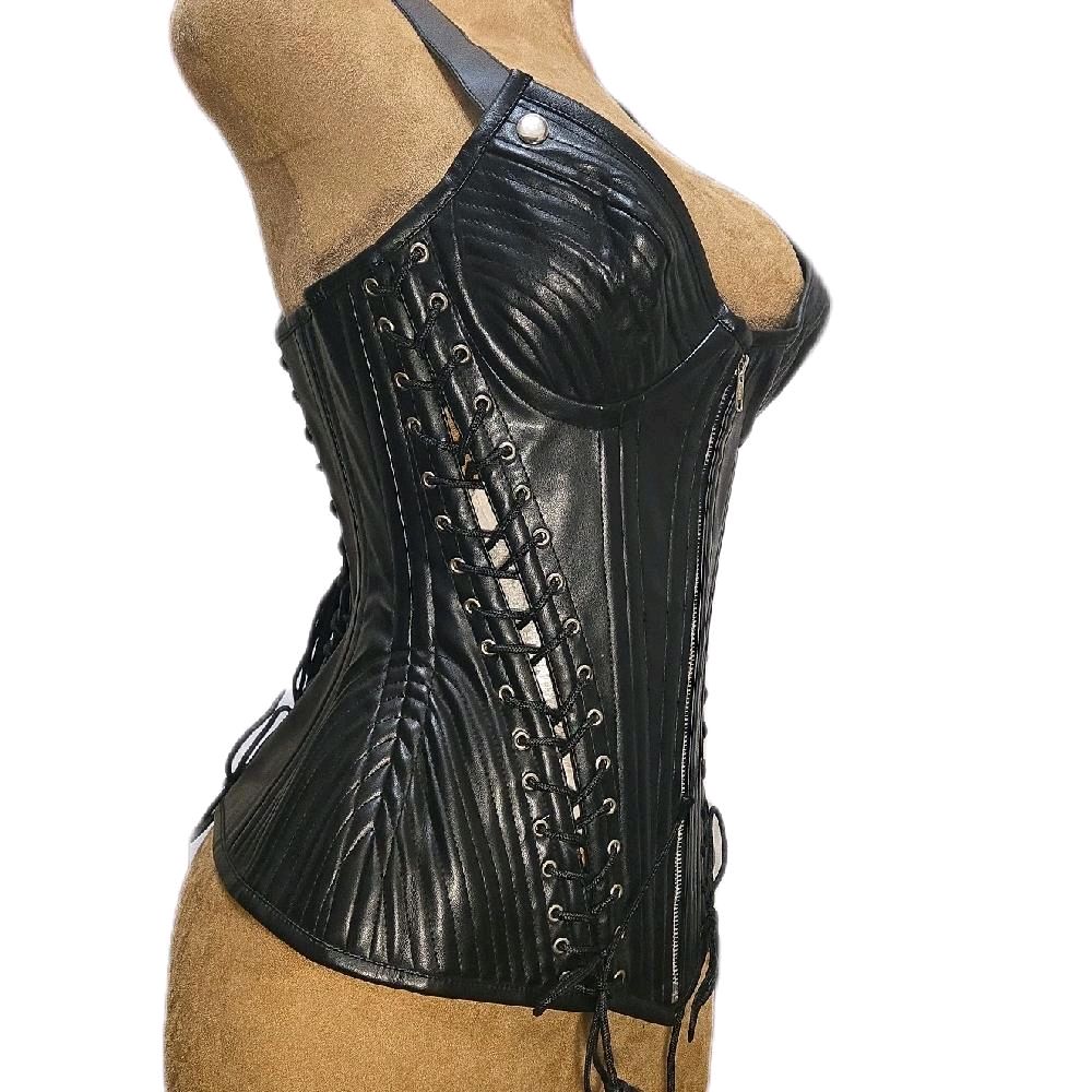 28-Inch Waist Goal | 15.5–16" Length | Leather Overbust Halter Vest | Adjustable Front & Back Ties