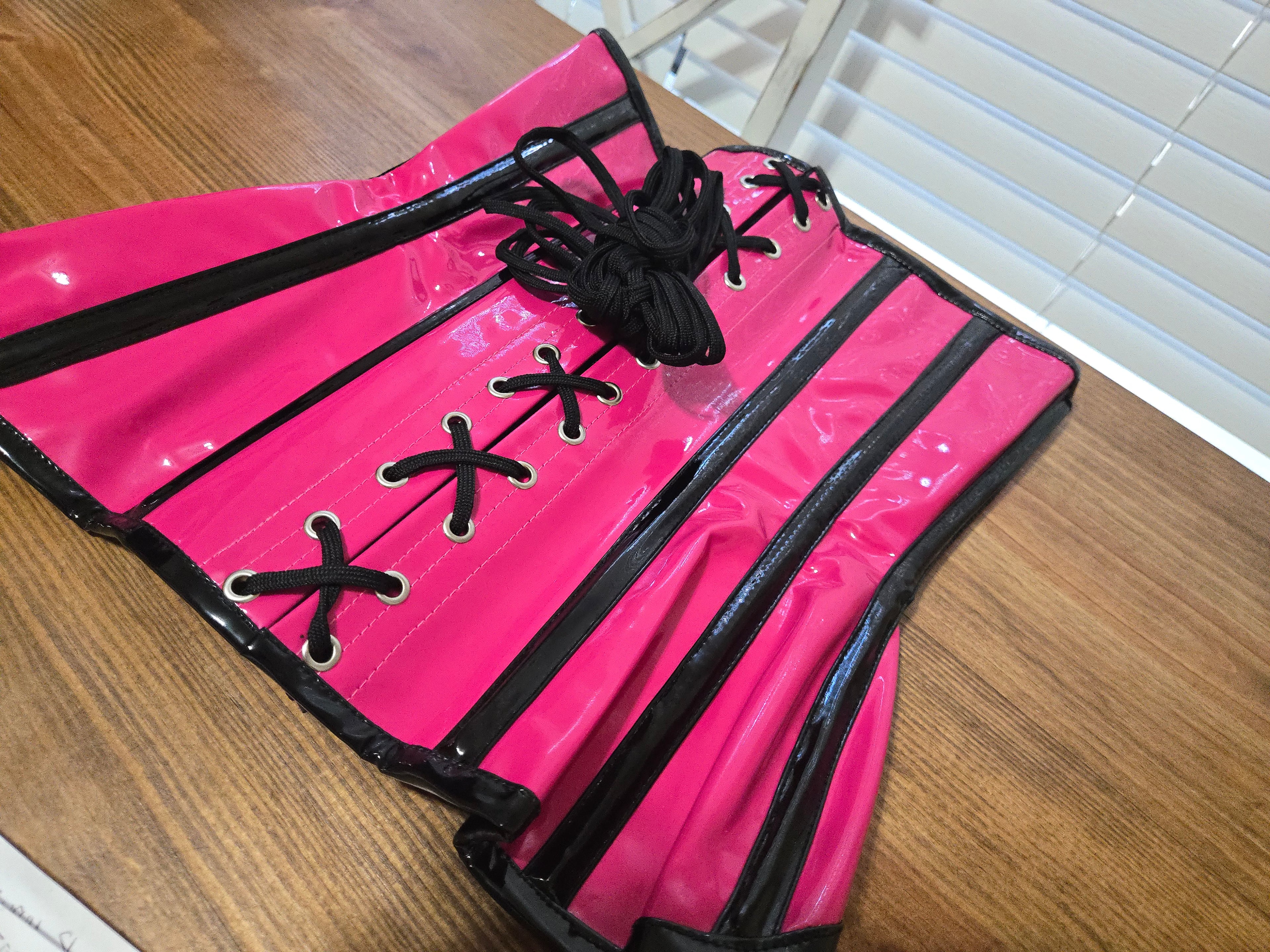Pink and black PVC Corset| Locking Corset with Lock Components to add your lock|bondage| 24 Waist| 12 Length