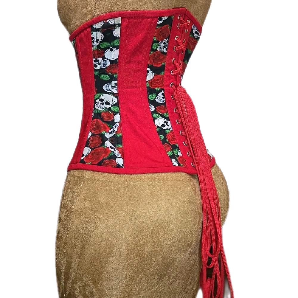 Red Cotton & Skulls Waist Training Corset – Gothic Waist Cincher, 26 waist goal, 13 Length waist cincher
