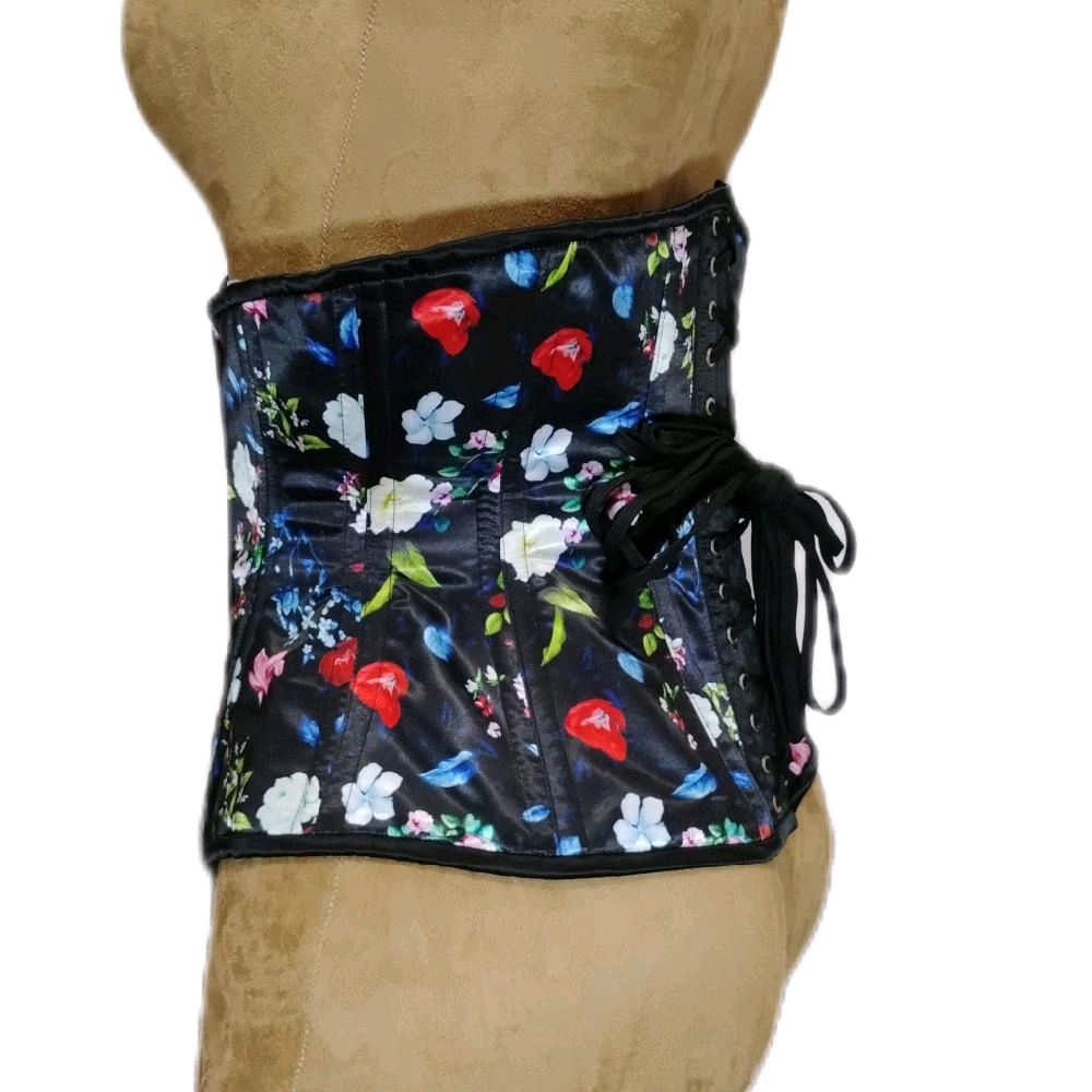 Black Floral Steel-Boned Waist Training Corset – 30” Waist Goal | 12” Length