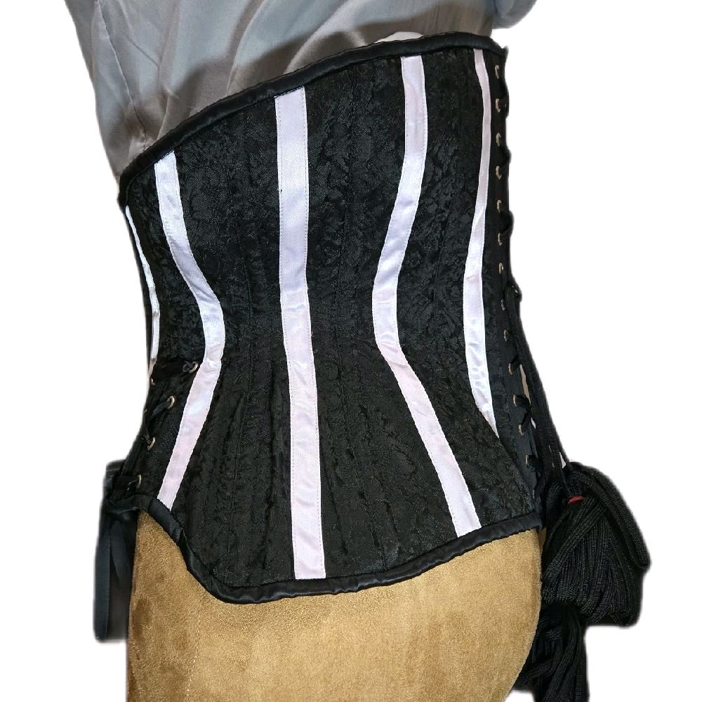 Black & White Striped Brocade Corset| Hip Ties– 32 Waist Goal, 11 Length