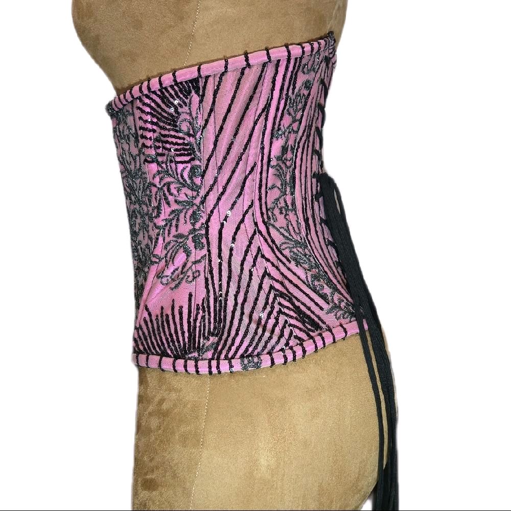 Pink with Black Sparkling Beading Corset | 26" Waist Goal | 12" Length | Formal Wear