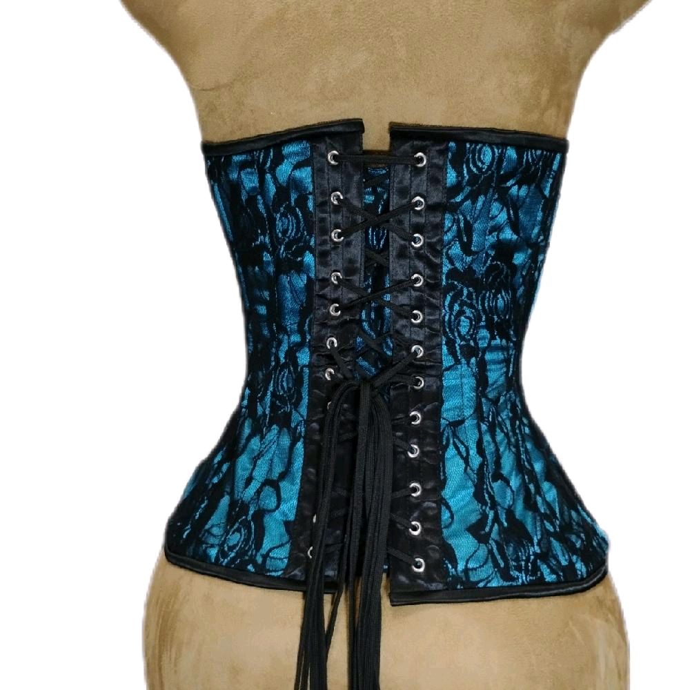 Overbust Aqua Satin & Black Rose Lace Overlay Corset – 26" Waist Training Goal  Womenswear Shapewear Tops