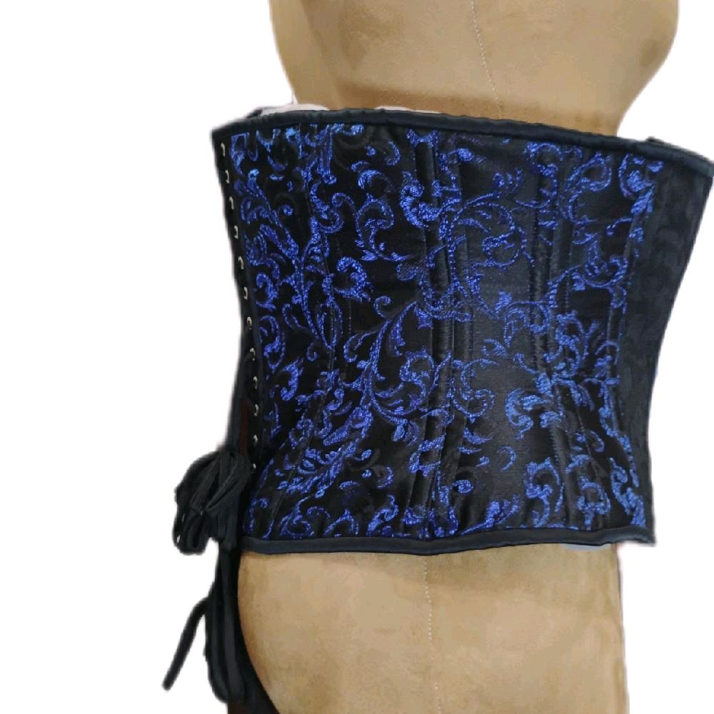 Blue & Black Brocade Steel-Boned Waist Training Corset – 38" Waist Goal | 13" Length | Zipper Front