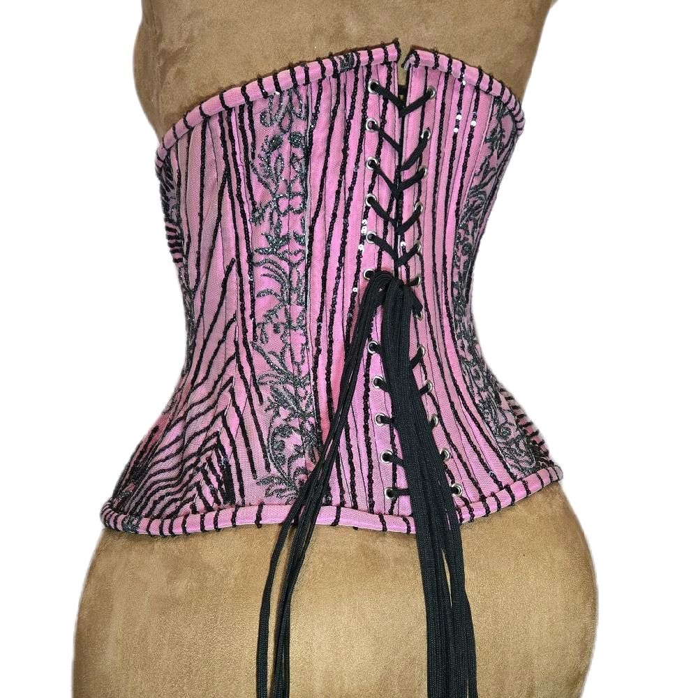 Pink with Black Sparkling Beading Corset | 26" Waist Goal | 12" Length | Formal Wear
