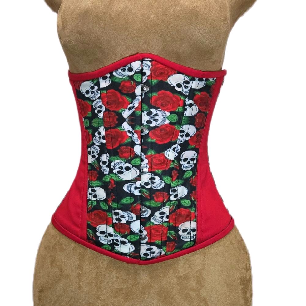 Red Cotton & Skulls Waist Training Corset – Gothic Waist Cincher, 26 waist goal, 13 Length waist cincher