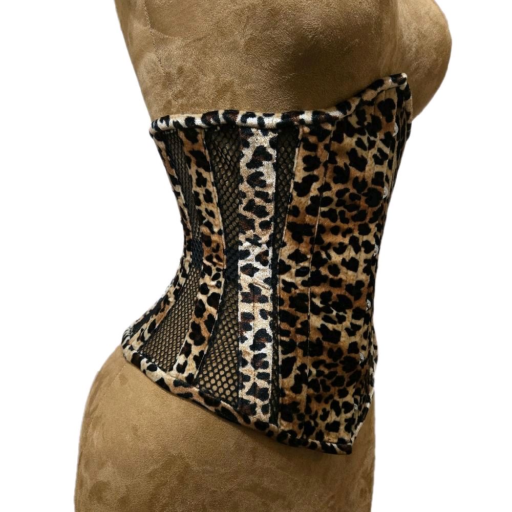 Velvet Leopard Print & Black Mesh Waist Training Corset – 24" Waist Goal,13.5 length