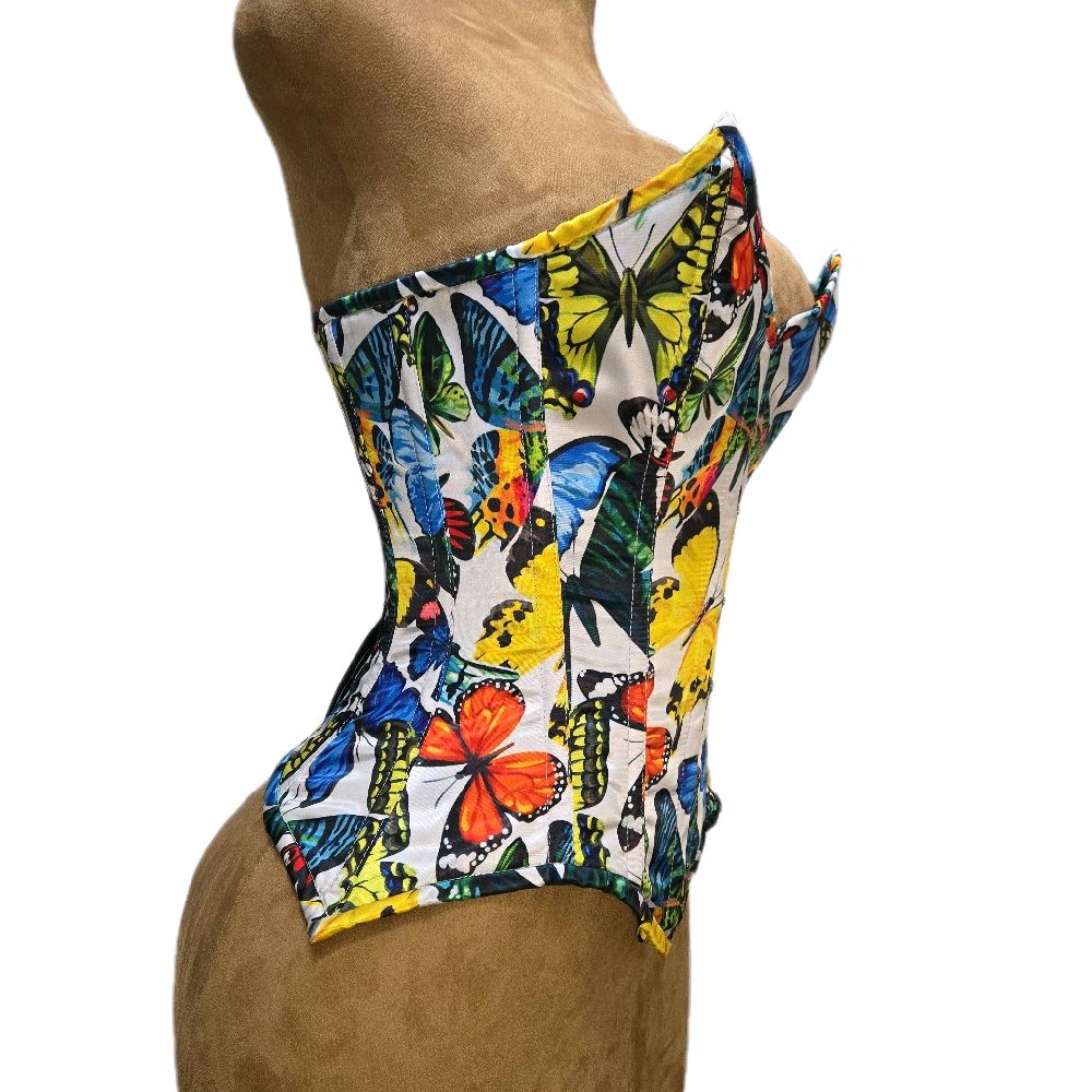 24” waist goal | 14.5” length | Overbust White + Multi Color Butterfly| Butterflies