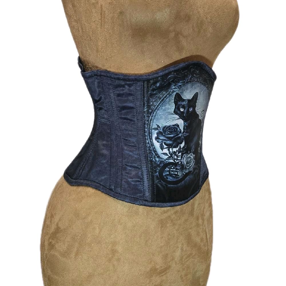 Gothic Black Kitty Cat & Dark Rose Vintage Corset – 26” Waist, 10” Length