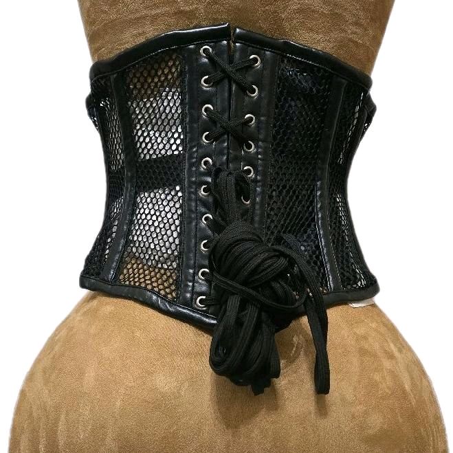 Black Leather & Mesh Corset with Spoonbusk – 26″ Waist Goal, 9.5″