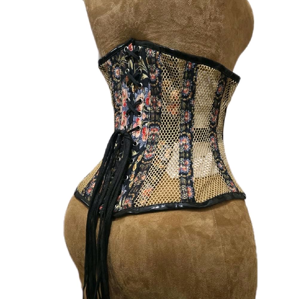 Floral & Khaki Mesh Corset – 26" Waist Goal, 12.5" Length|