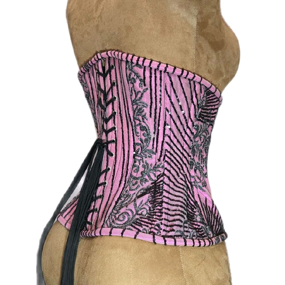 Pink with Black Sparkling Beading Corset | 26" Waist Goal | 12" Length | Formal Wear
