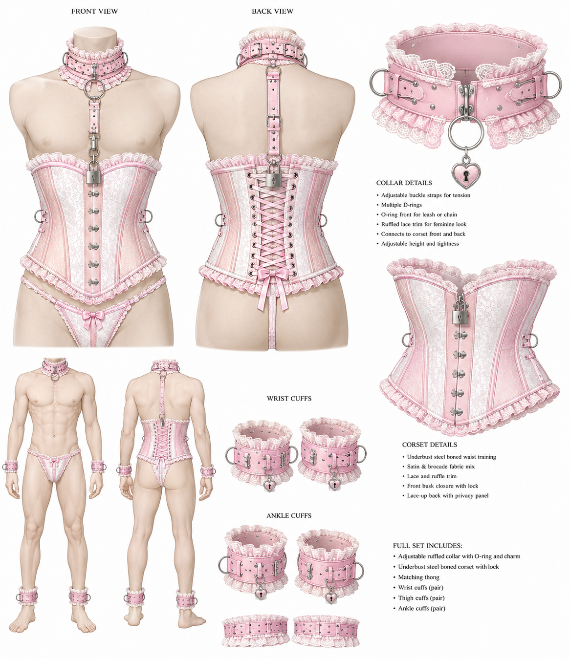 Custom sissy pink lace frill locking corset set feminine CM