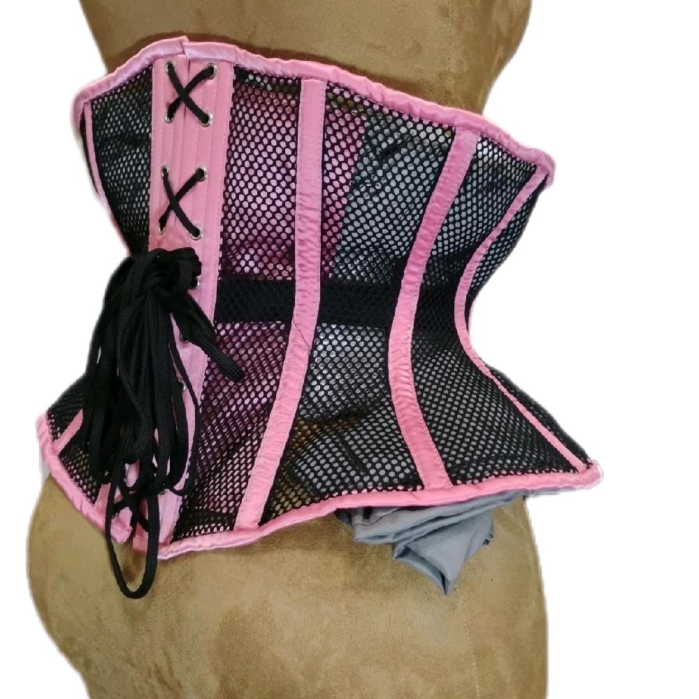 Pink Satin & Black Mesh Floral Roses Keys Corset – 30" Waist Goal | 12" Length |
