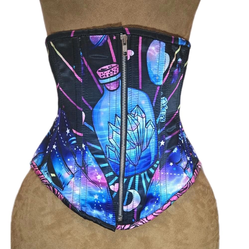 Mystical Galaxy Crystal Print Corset – 26-Inch Waist Goal, 12-Inch Length, Middle Zipper