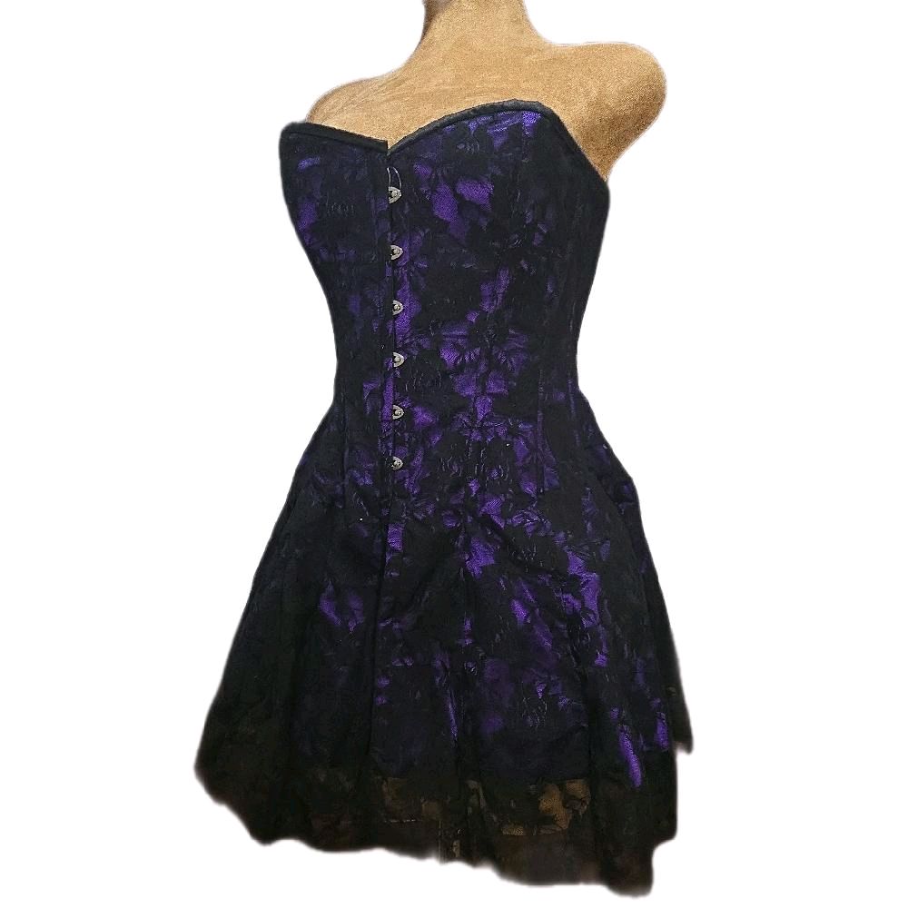 Overbust Corset Dress– Purple Satin/Black Rose Mesh Overlay | 36" Waist Goal, 12.5" Length