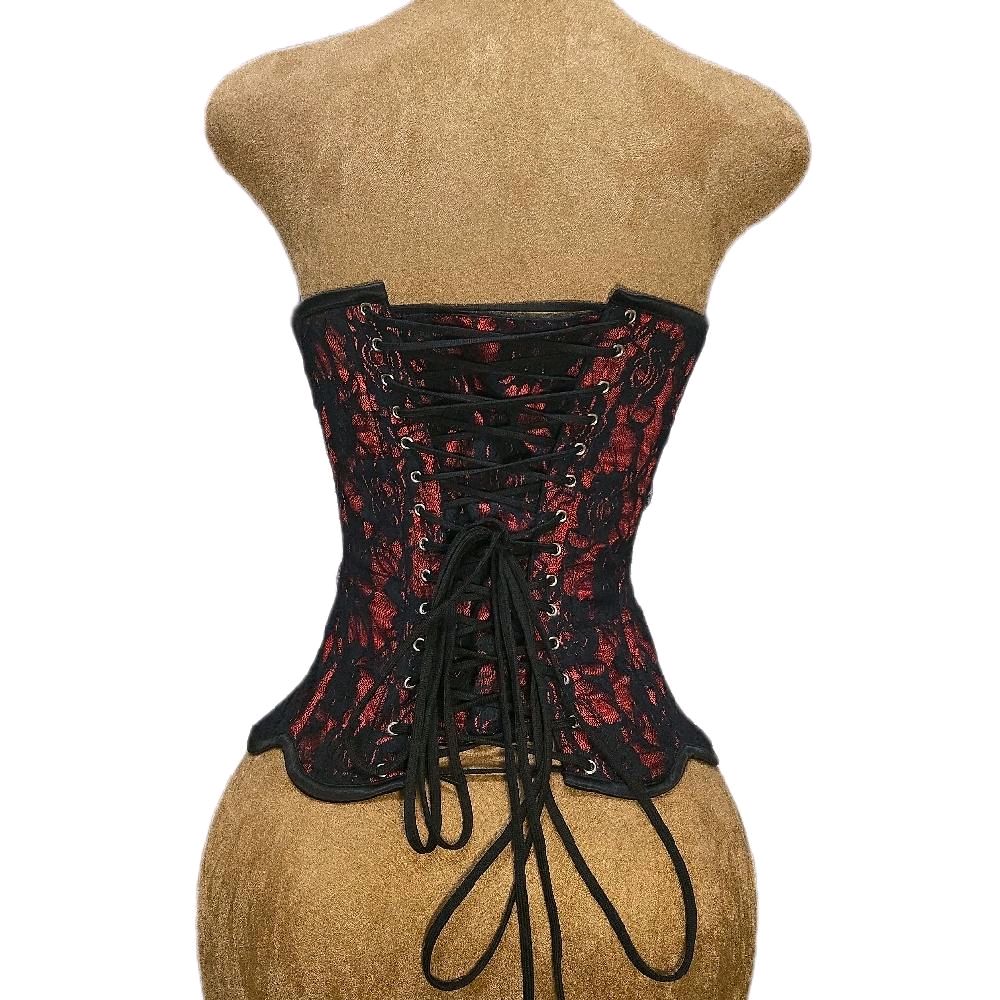 Red Satin Overbust Corset w/ Black Rose Mesh| 24" Waist Goal • 16" Length|Mermaid Collection