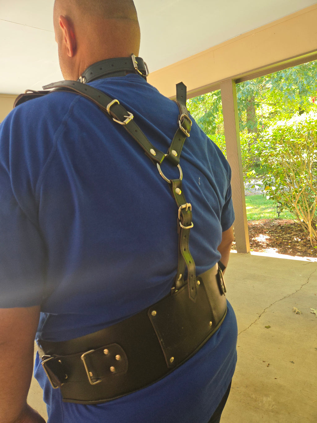 Genuine Leather Belted Harness with Attached Collar – D-Ring Design- plus size- ready to ship