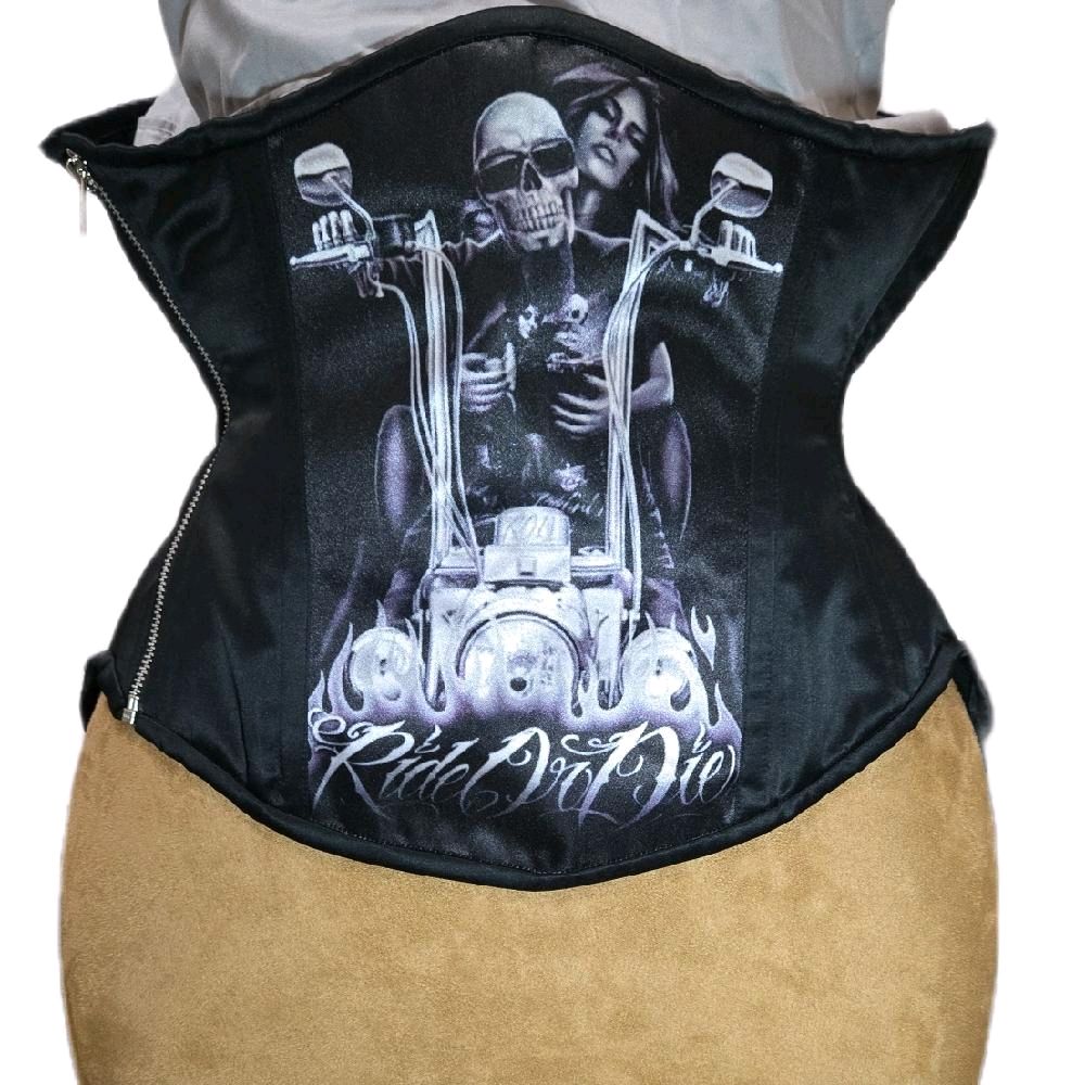 Motorcycle Skeleton Biker Corset – 32-Inch Waist Goal, 12-Inch Length, Side Zipper