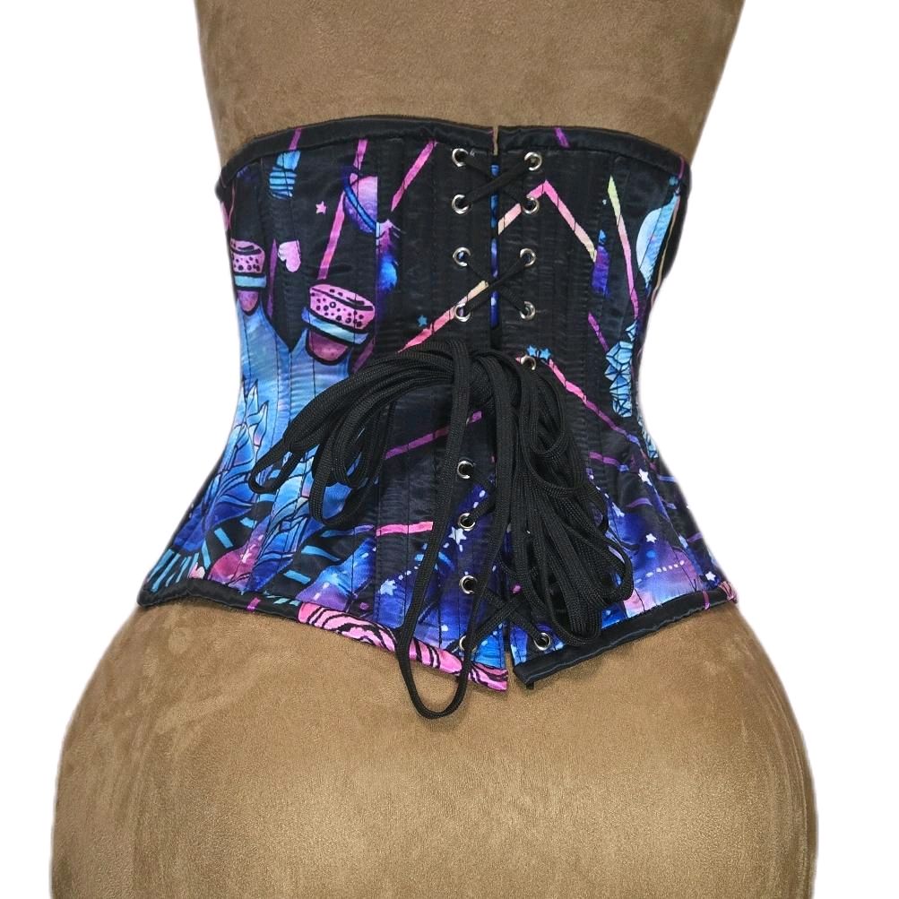 Mystical Galaxy Crystal Print Corset – 26-Inch Waist Goal, 12-Inch Length, Middle Zipper