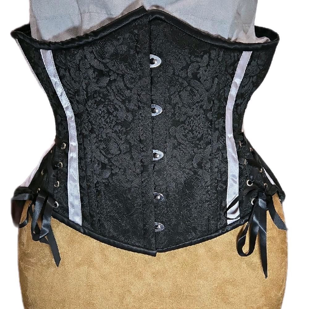 Black & White Striped Brocade Corset| Hip Ties– 32 Waist Goal, 11 Length