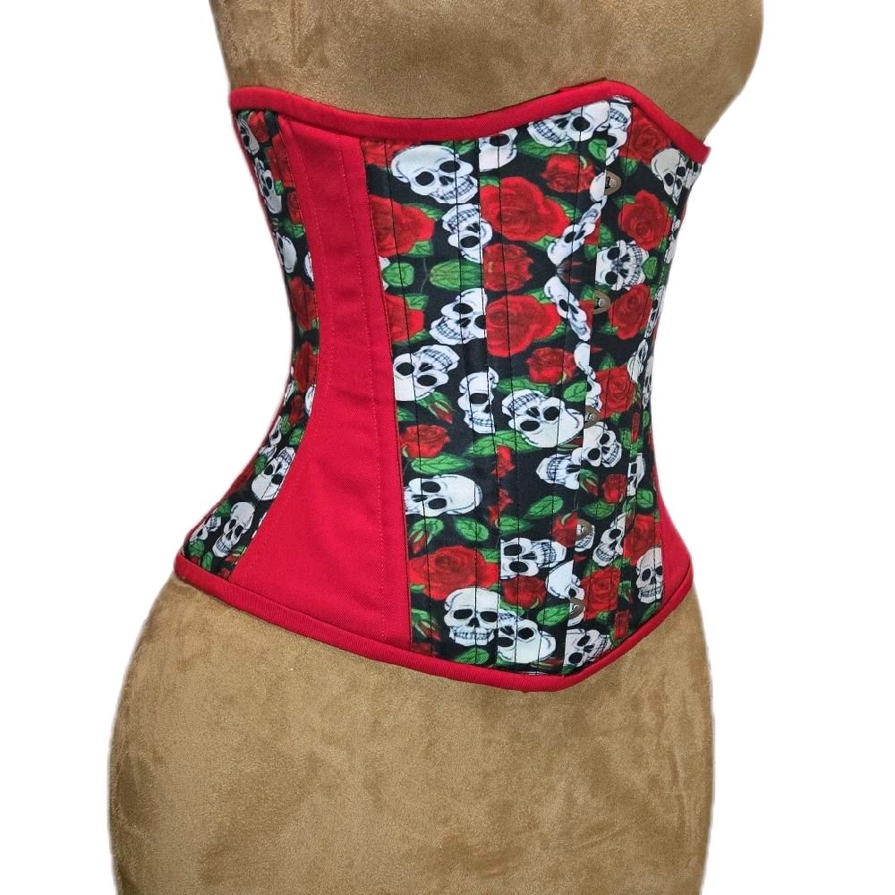 Red Cotton & Skulls Waist Training Corset – Gothic Waist Cincher, 26 waist goal, 13 Length waist cincher