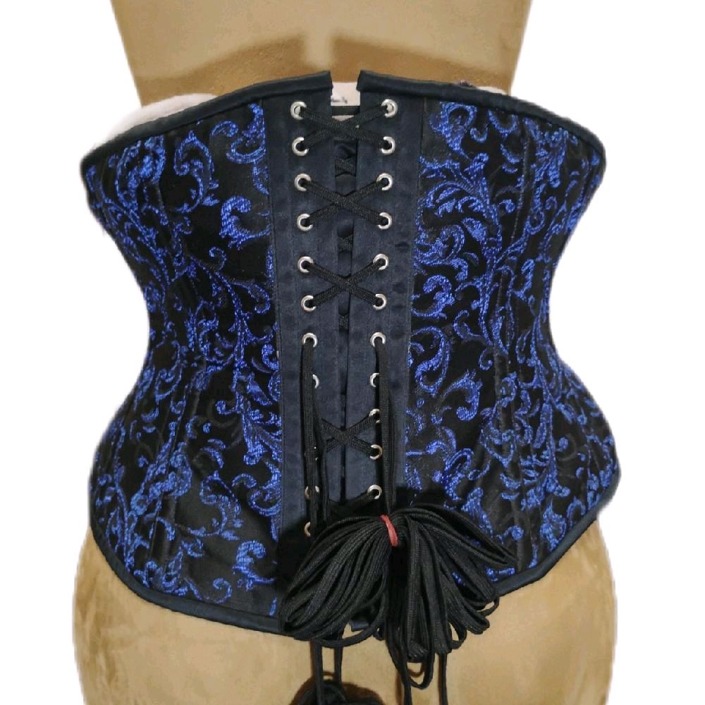 Blue & Black Brocade Steel-Boned Waist Training Corset – 38" Waist Goal | 13" Length | Zipper Front