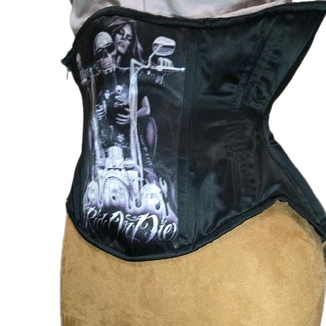 Motorcycle Skeleton Biker Corset – 32-Inch Waist Goal, 12-Inch Length, Side Zipper