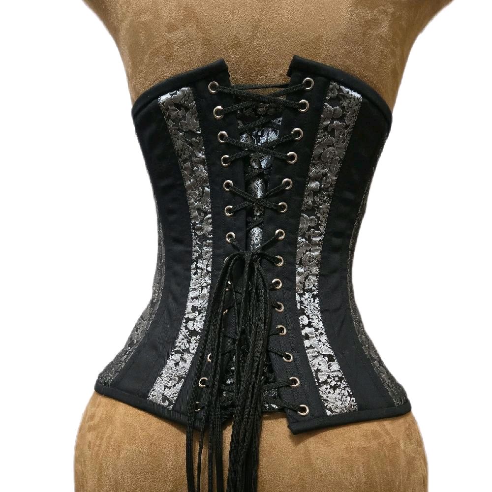 Silver & Black Brocade Corset – 26-Inch Waist Goal | 13-Inch Length