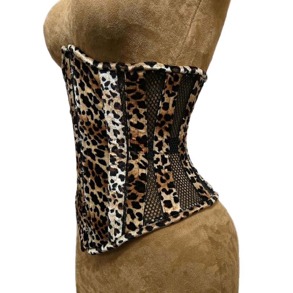 Velvet Leopard Print & Black Mesh Waist Training Corset – 24" Waist Goal,13.5 length