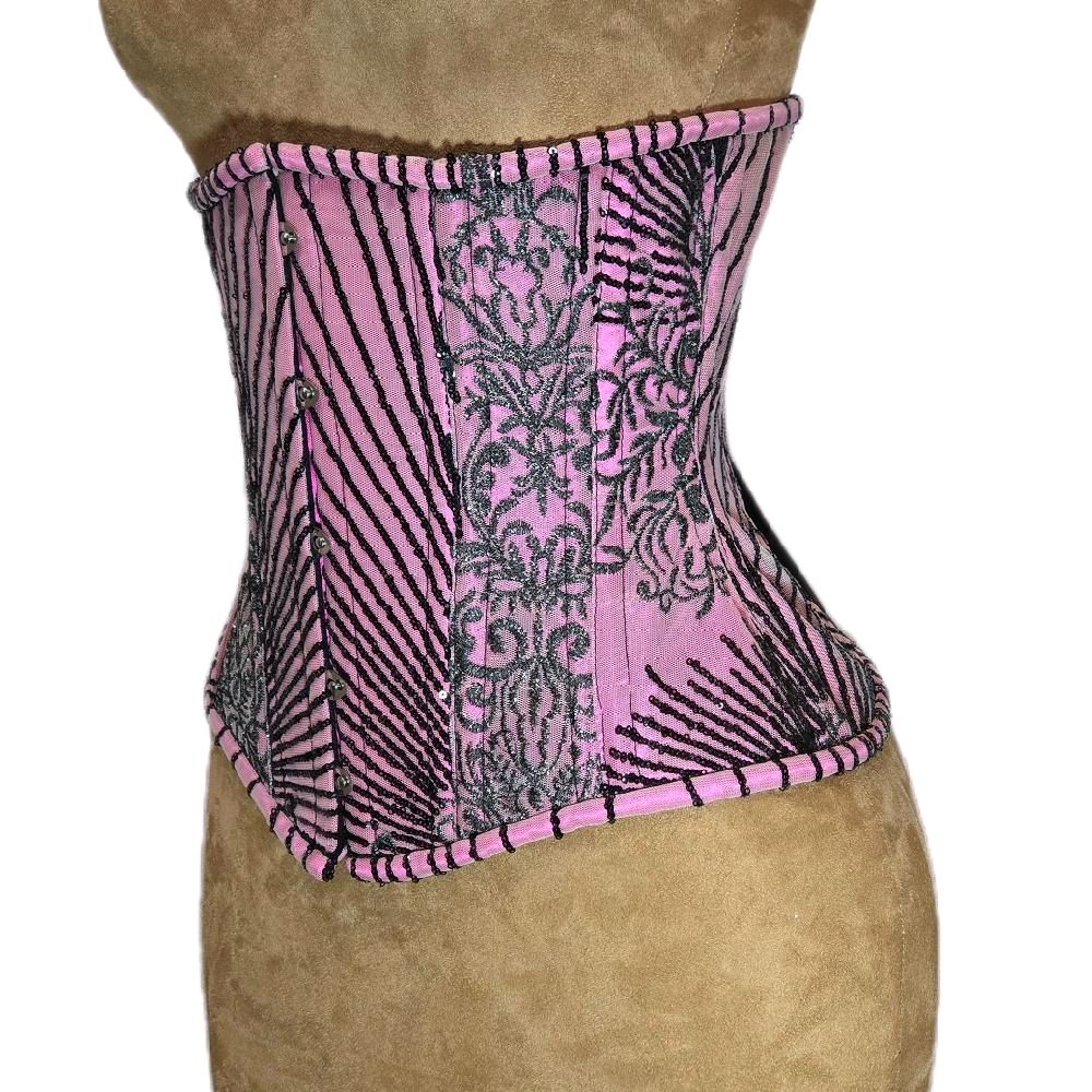 Pink with Black Sparkling Beading Corset | 26" Waist Goal | 12" Length | Formal Wear