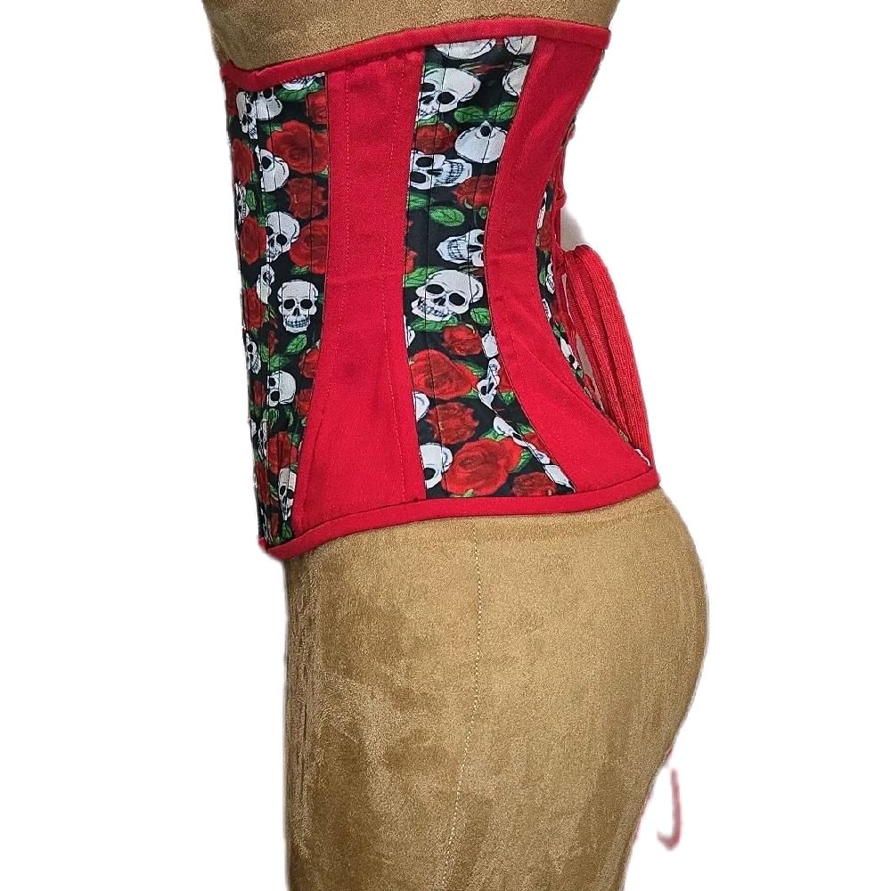 Red Cotton & Skulls Waist Training Corset – Gothic Waist Cincher, 26 waist goal, 13 Length waist cincher