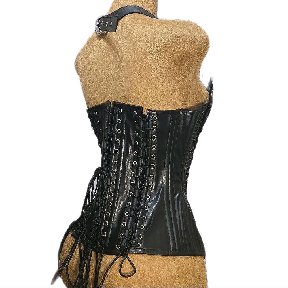 28-Inch Waist Goal | 15.5–16" Length | Leather Overbust Halter Vest | Adjustable Front & Back Ties