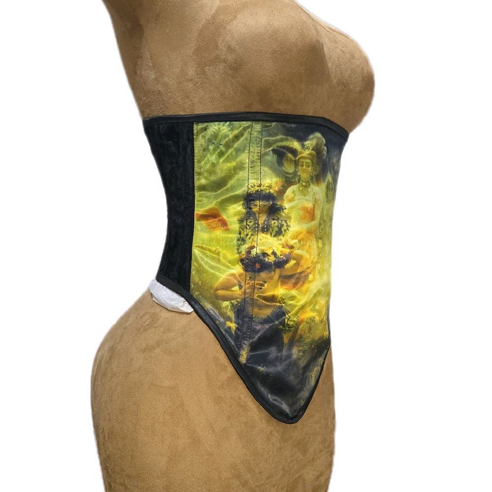 26-Inch Waist Goal | 15" Front Length | Side Zipper | Black Velvet & Satin | Victorian Full Image| Mermaid Print Corset
