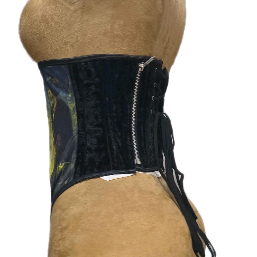 26-Inch Waist Goal | 15" Front Length | Side Zipper | Black Velvet & Satin | Victorian Full Image| Mermaid Print Corset
