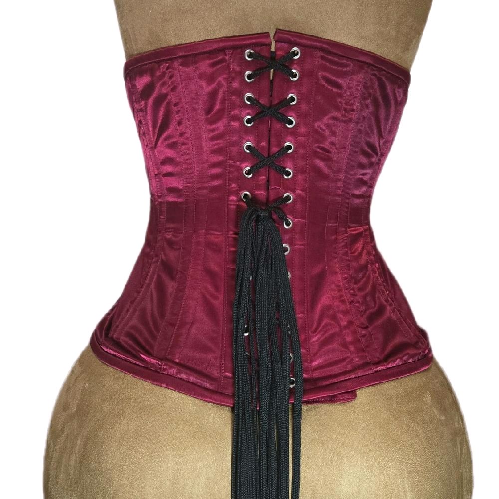 Maroon Wine-Color Satin Waist Training Corset – 26" Waist Goal, 11" Length